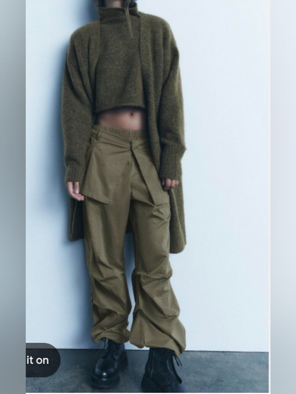 Zara Olive Green Wide-Leg Utility Skirt Cargo Trousers Pants M